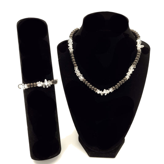 Black and crystal beaded necklace and bracelet on black velvet displays.