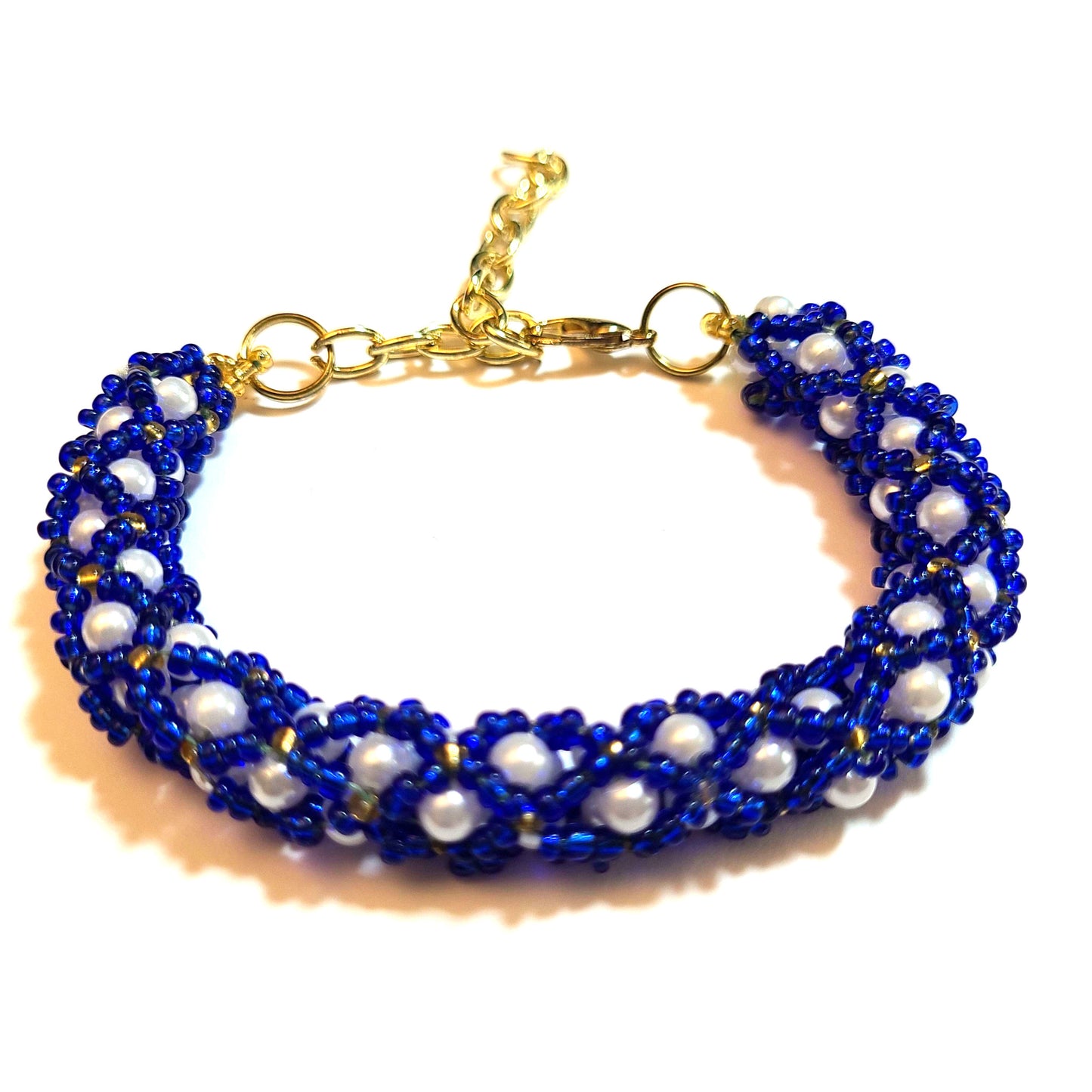 Blue White and Silver Netted Bead Bracelet