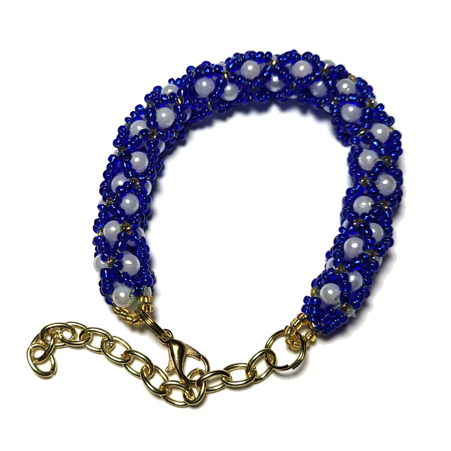 Blue White and Silver Netted Bead Bracelet