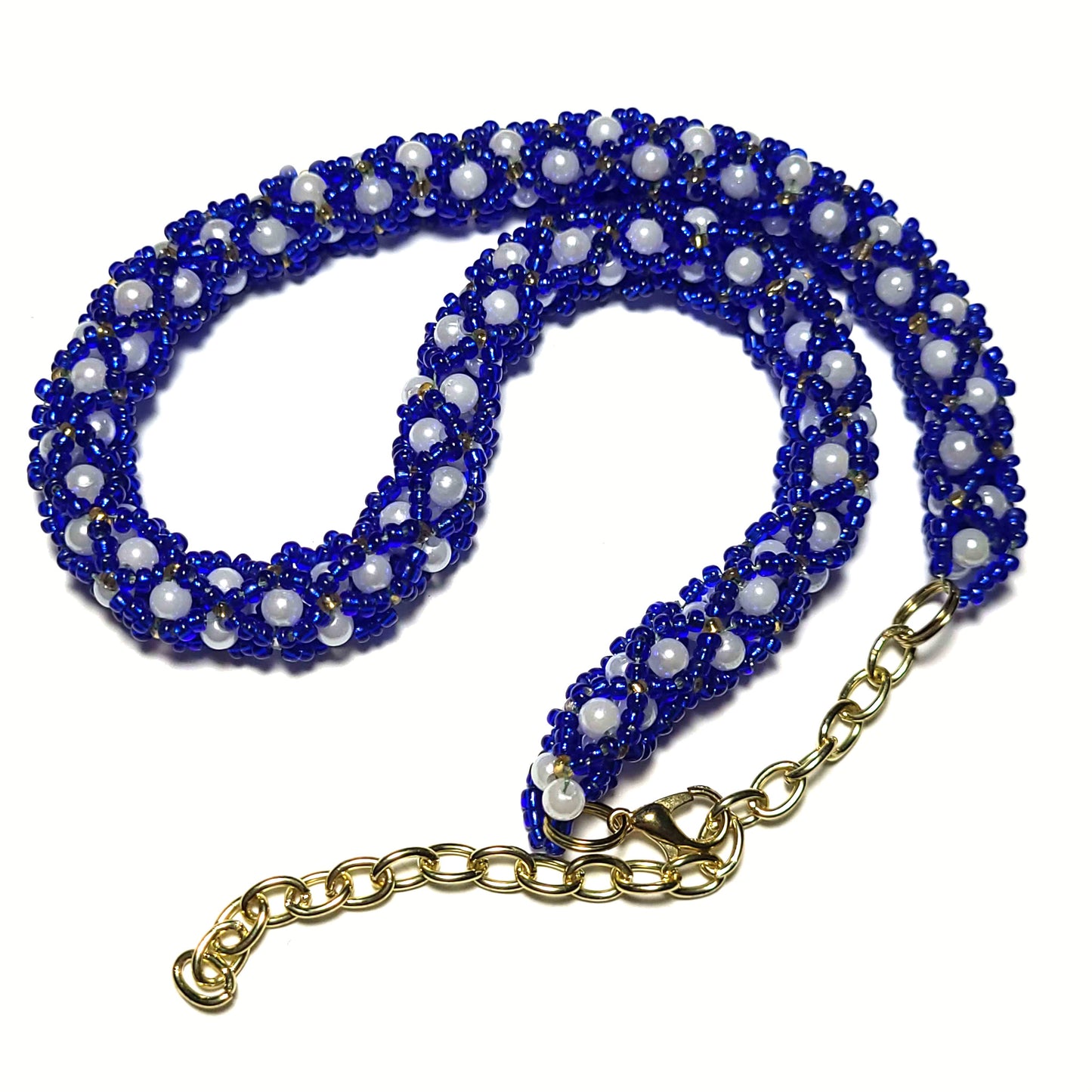 Blue White and Silver Netted Bead Necklace