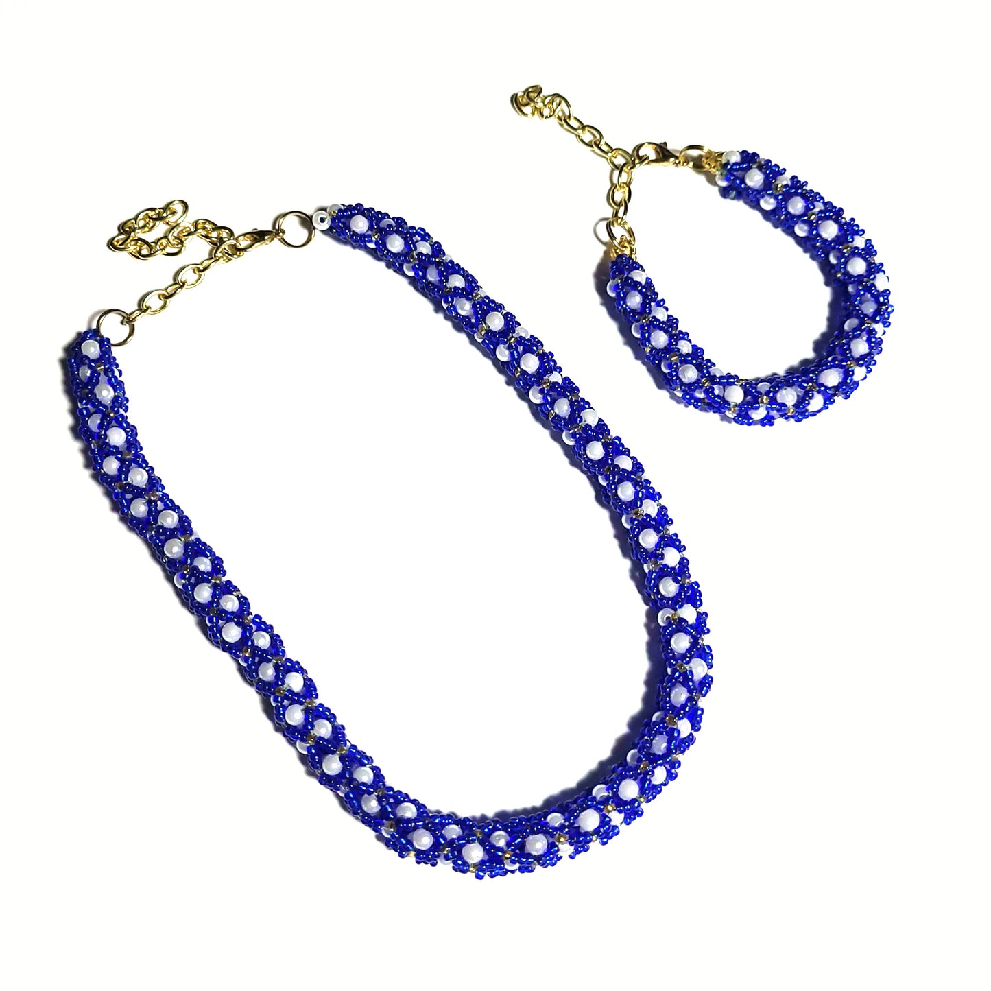 Blue White and Silver Netted Bead Necklace And Bracelet Set