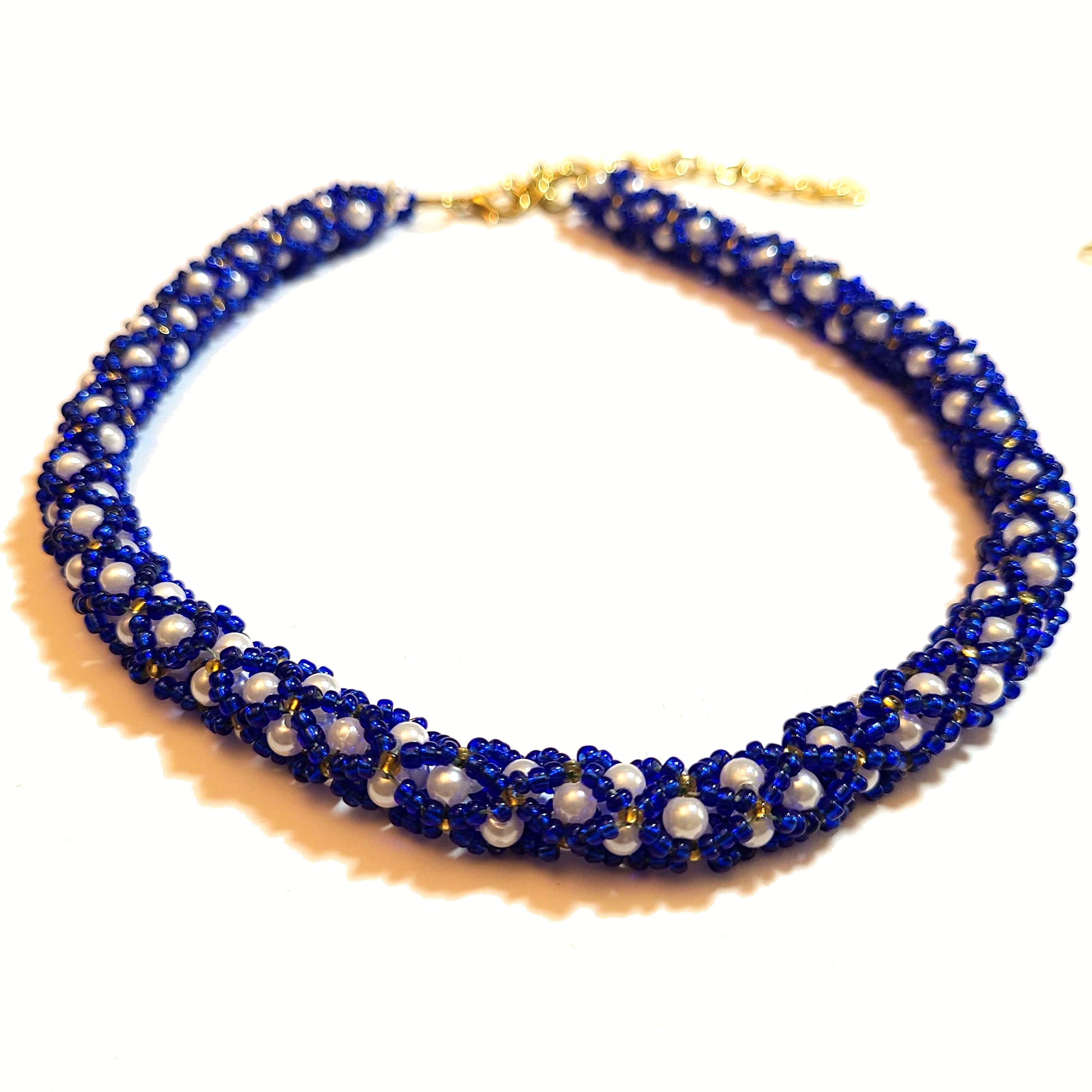 Blue White and Silver Netted Bead Necklace