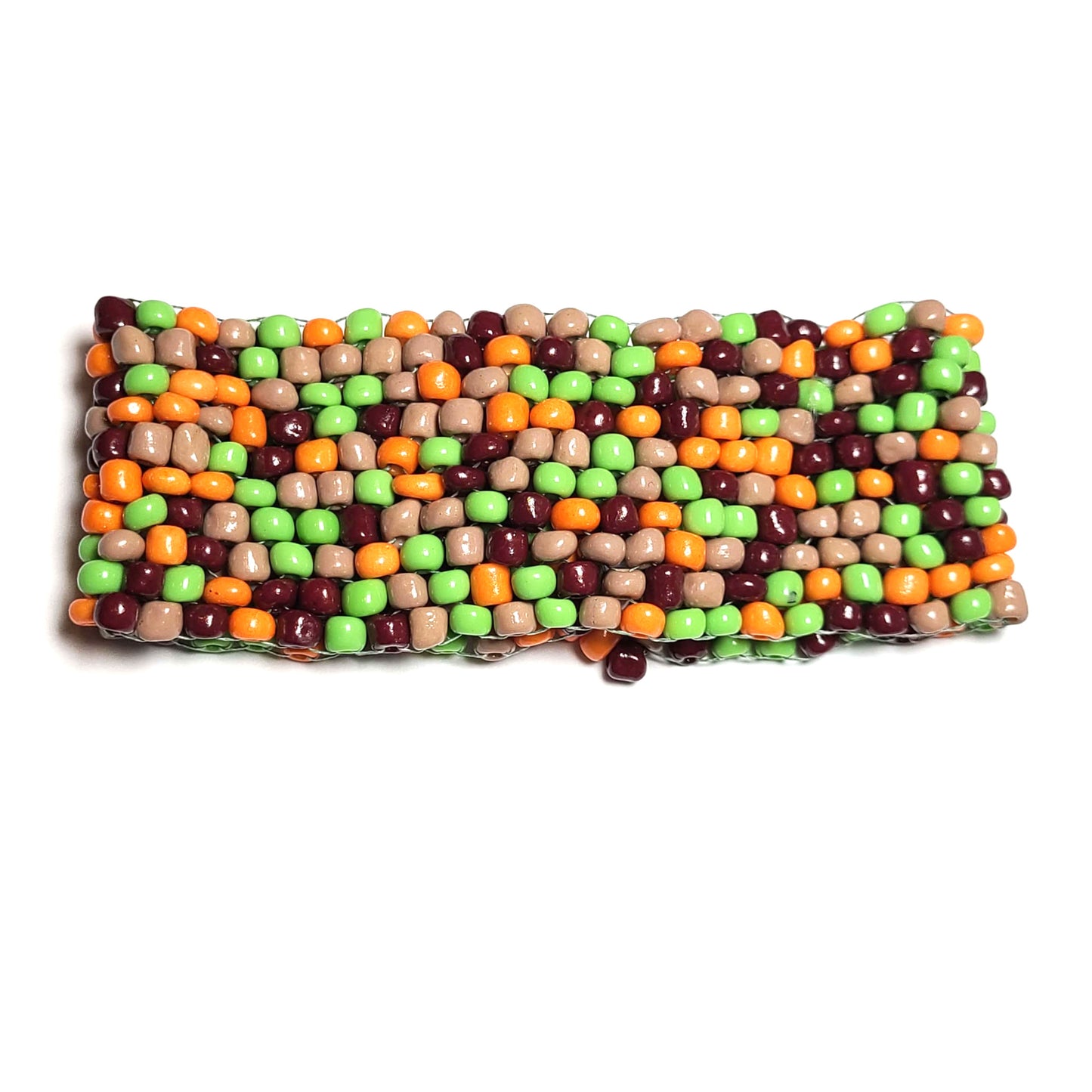 Handmade cuff bracelet/anklet beads are of random sizes and widths which give this a unique look. Bead colors are orange, beige, light green, dark red/brown.