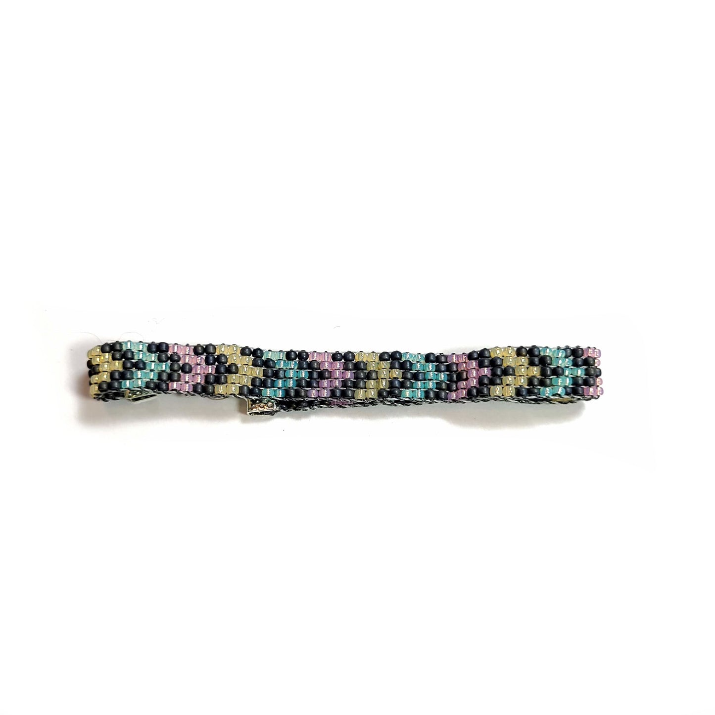 Chevron design woven bracelet. Translucent pink, and green seed beads, with medium gray matte finish beads.