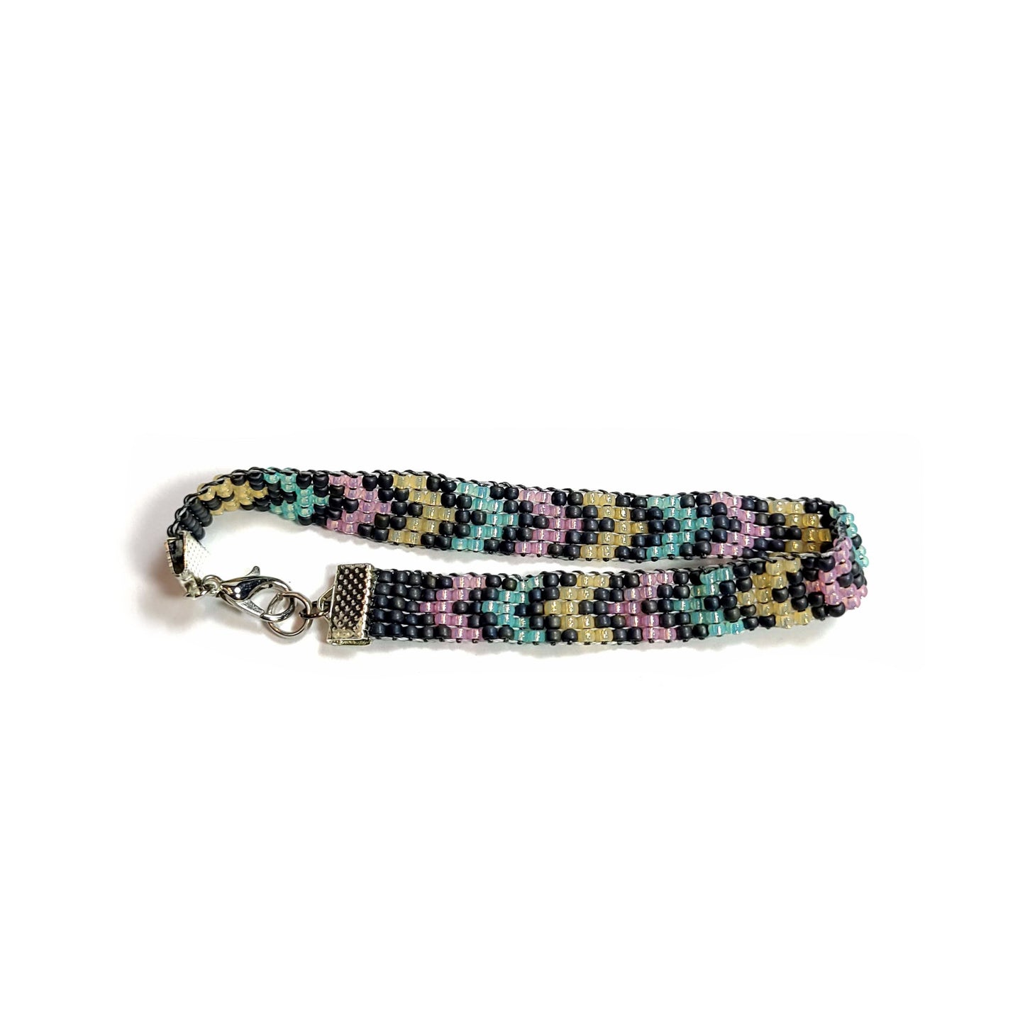 Chevron design woven bracelet. Translucent pink, and green seed beads, with medium gray matte finish beads.