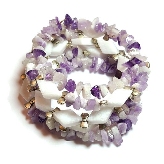 Amethyst chips, triangle beads, and silver bows wrapping bracelet.