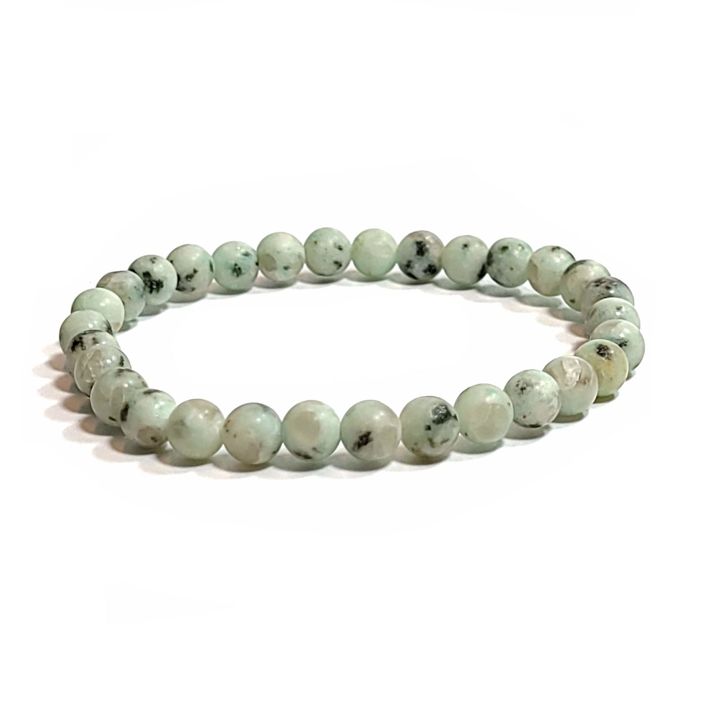 This is a beautiful bracelet made of 6mm dalmatian jasper beads that are white with brown and black spots.