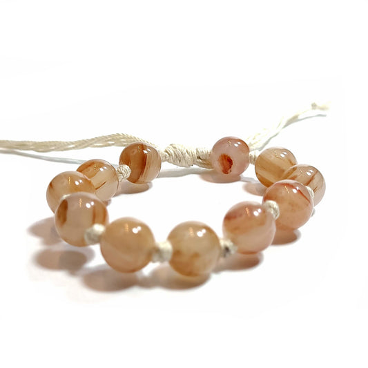 Milky beige, brown agate 10mm bead knotted adjustable bracelet. 