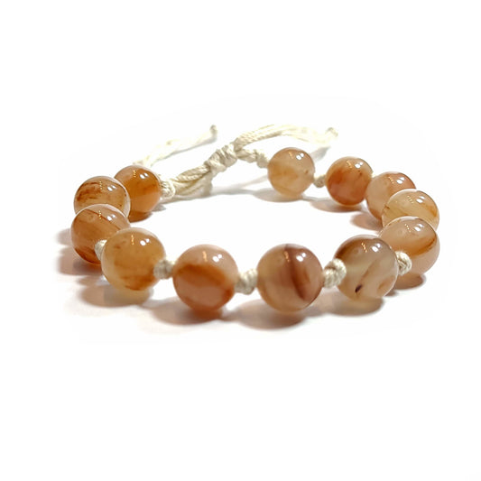 Milky beige, brown agate 10mm bead knotted adjustable bracelet. 