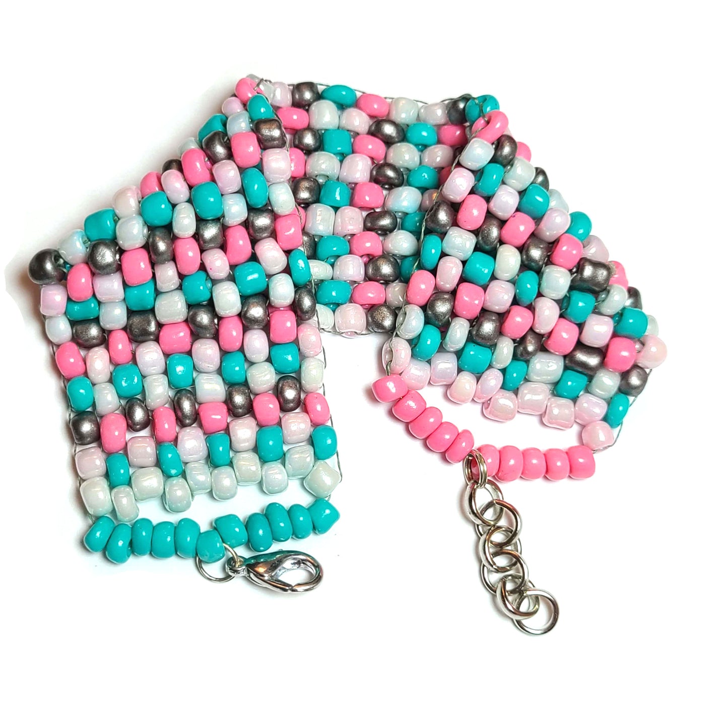 Cuff bracelet make of pink, white, light blue, and grey irregular large seed beads,