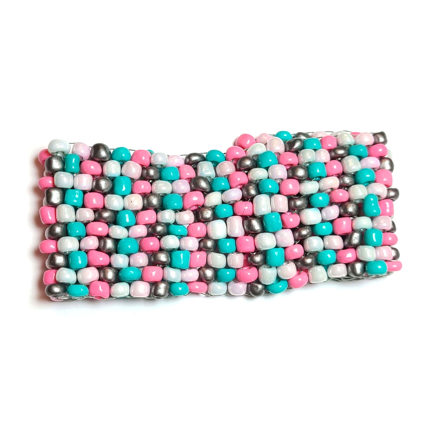 Cuff bracelet make of pink, white, light blue, and grey irregular large seed beads,