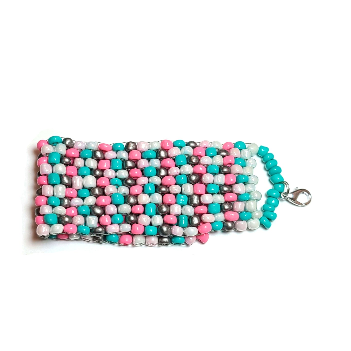 Cuff bracelet make of pink, white, light blue, and grey irregular large seed beads with a silver color lobster claw clasp.