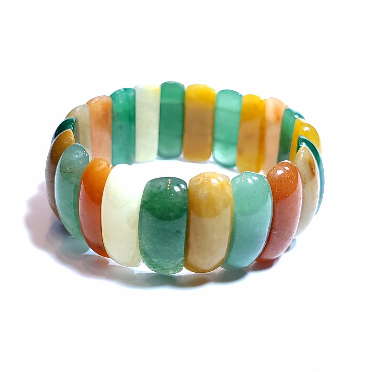 Jadite oblong bead bracelet. Orange, green , brown, white.