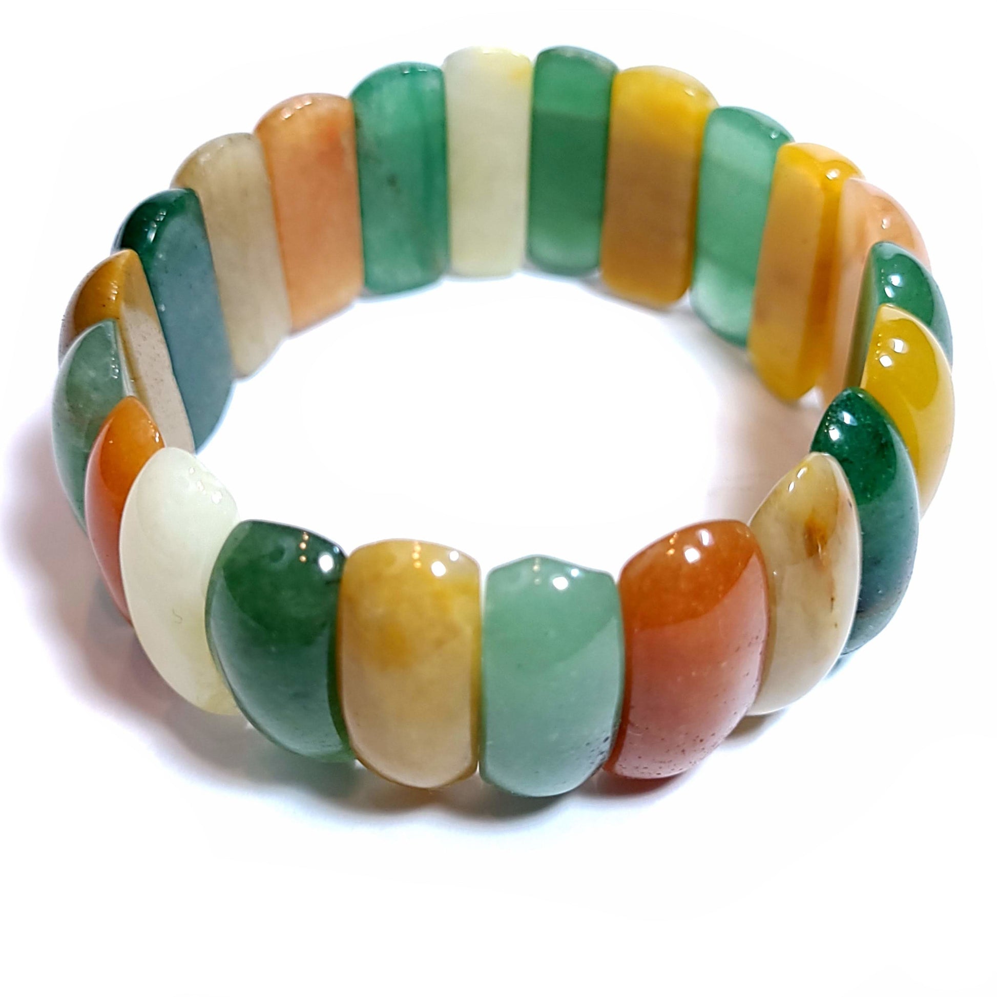 Jadite oblong bead bracelet. Orange, green , brown, white.