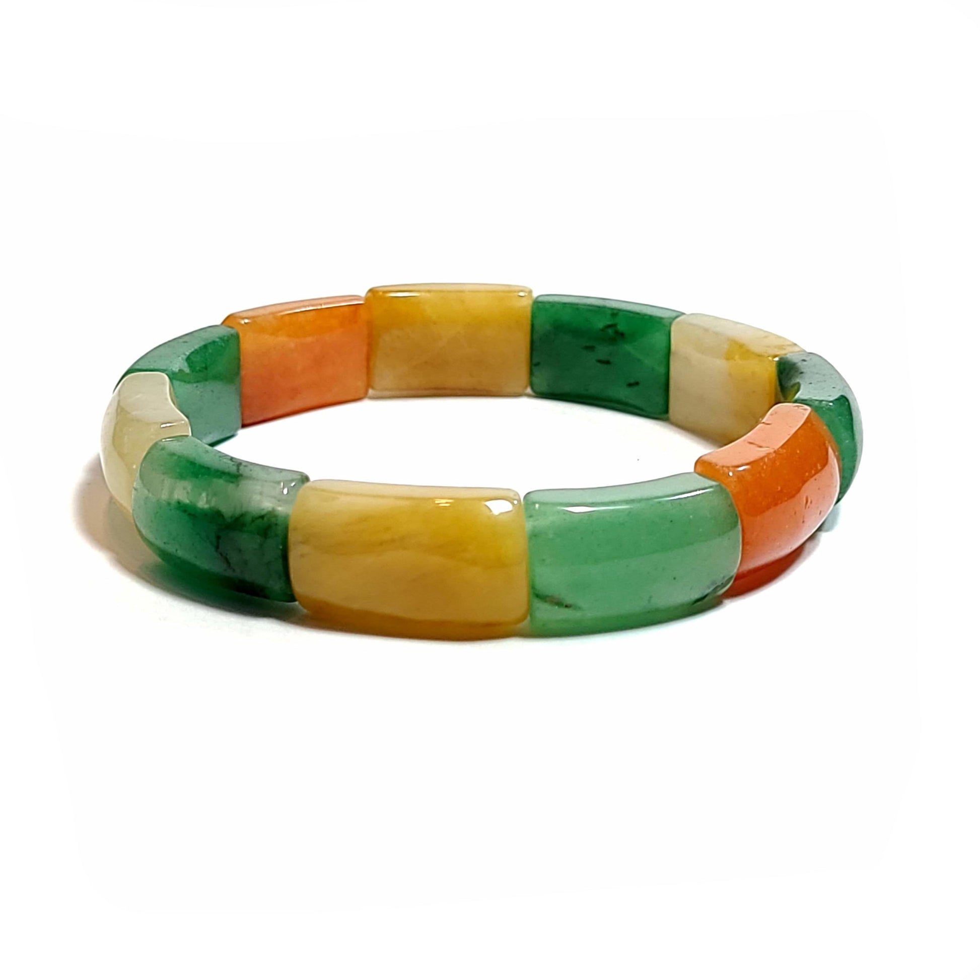 Jadite beads that are oblong in shape bracelet. Green, yellow, orange, white.