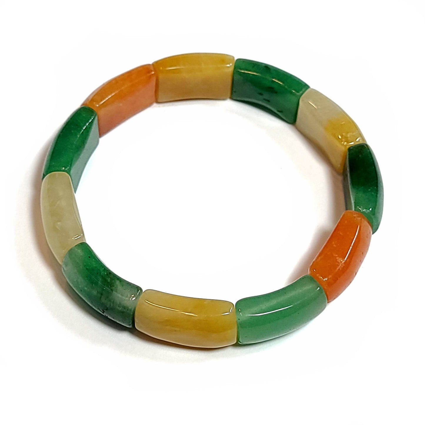 Jadite beads that are oblong in shape bracelet. Green, yellow, orange, white.