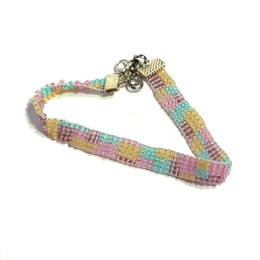 pink, peach,aqua,lavender,brownish-red seed bead bracelet