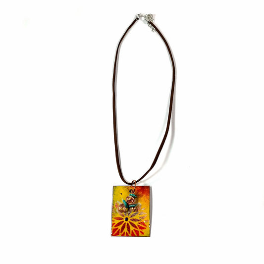 Rectangular shape copper with enamel flower pendant with jade beads and copper wire accent.