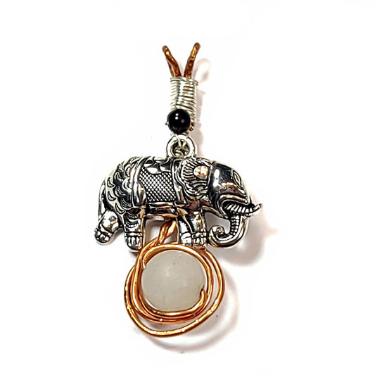 Silver Colored elephant charm, that can also be used as a pendant, with a quartz bead, accented with a black bead, wrapped in copper and silver colored wire.