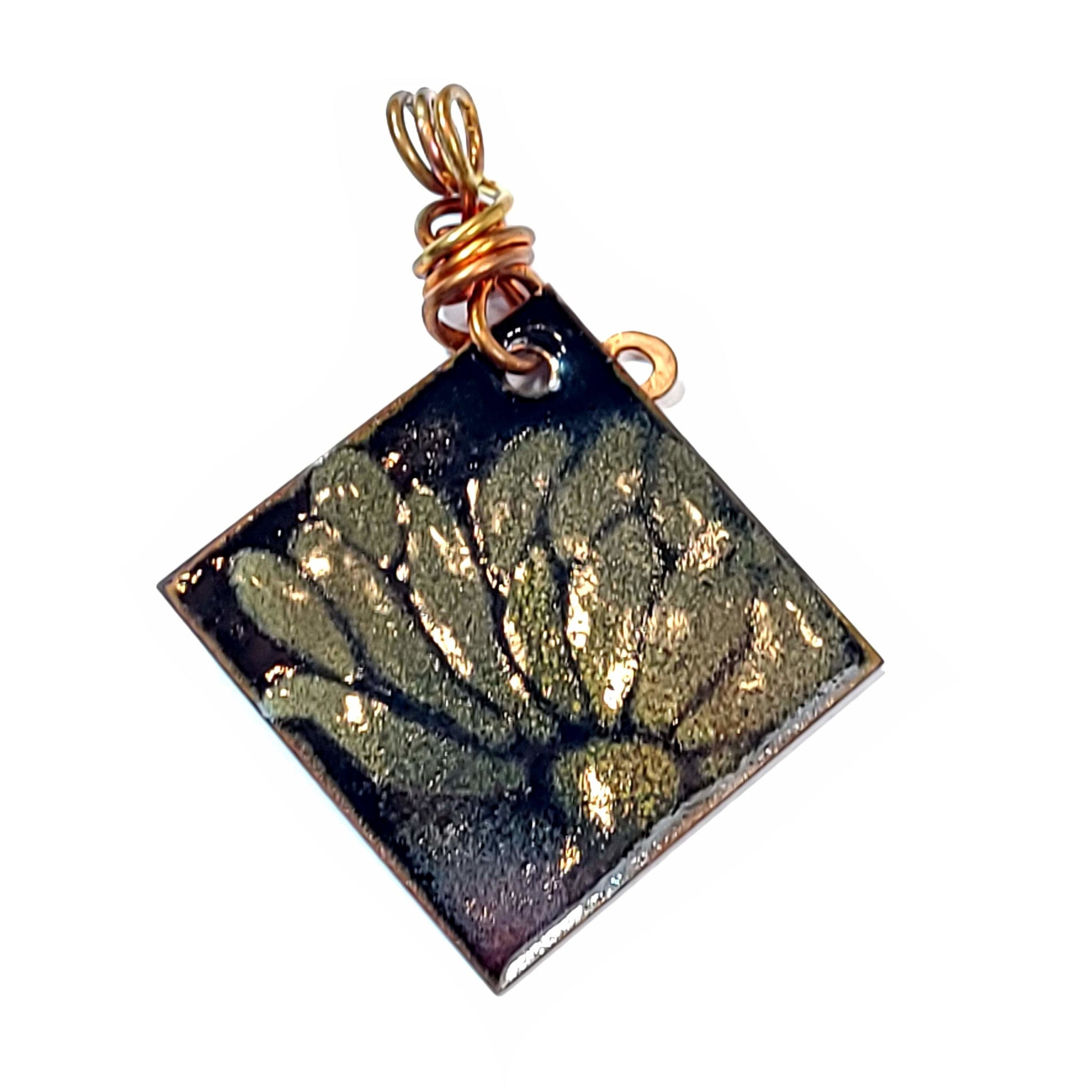 Back of Flower Motiff on enamel pendant accented with copper wire.