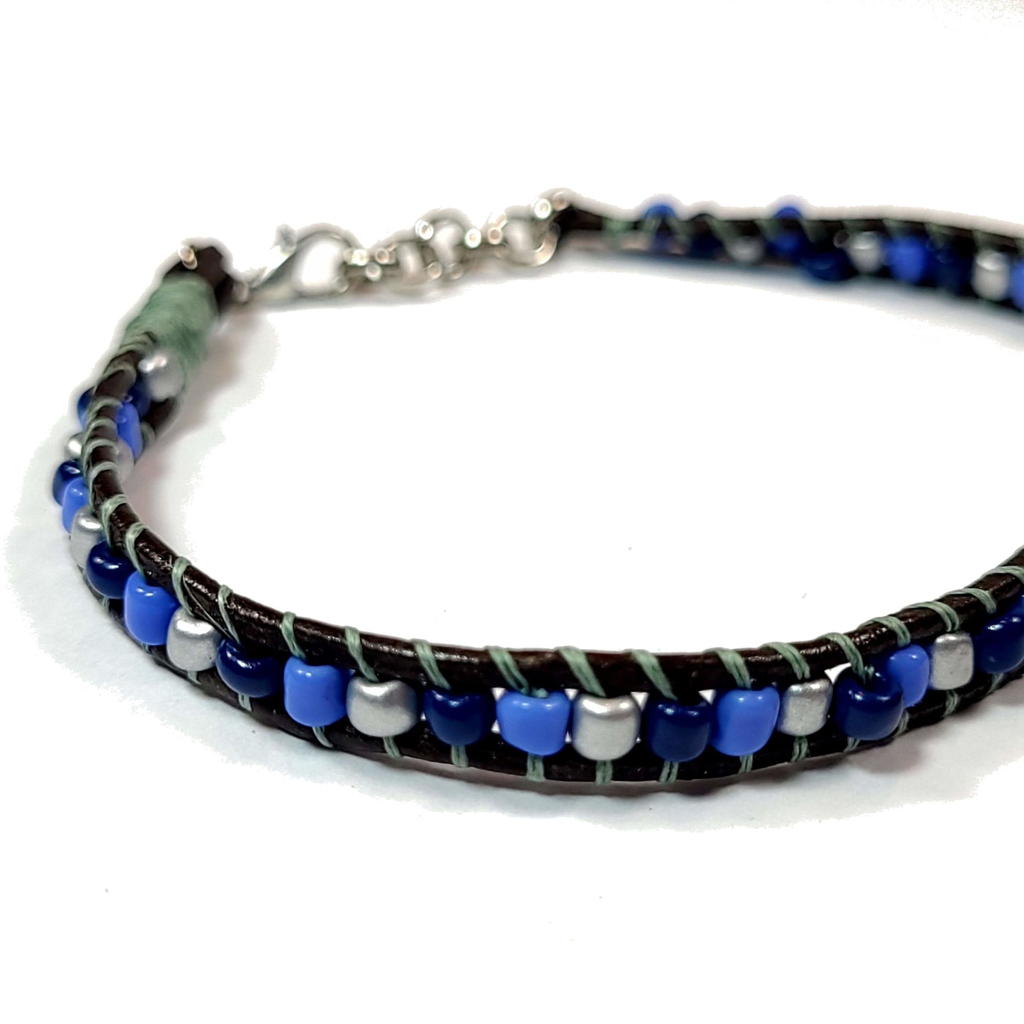 Blue and Grey Beaded Leather Handmade Bracelet