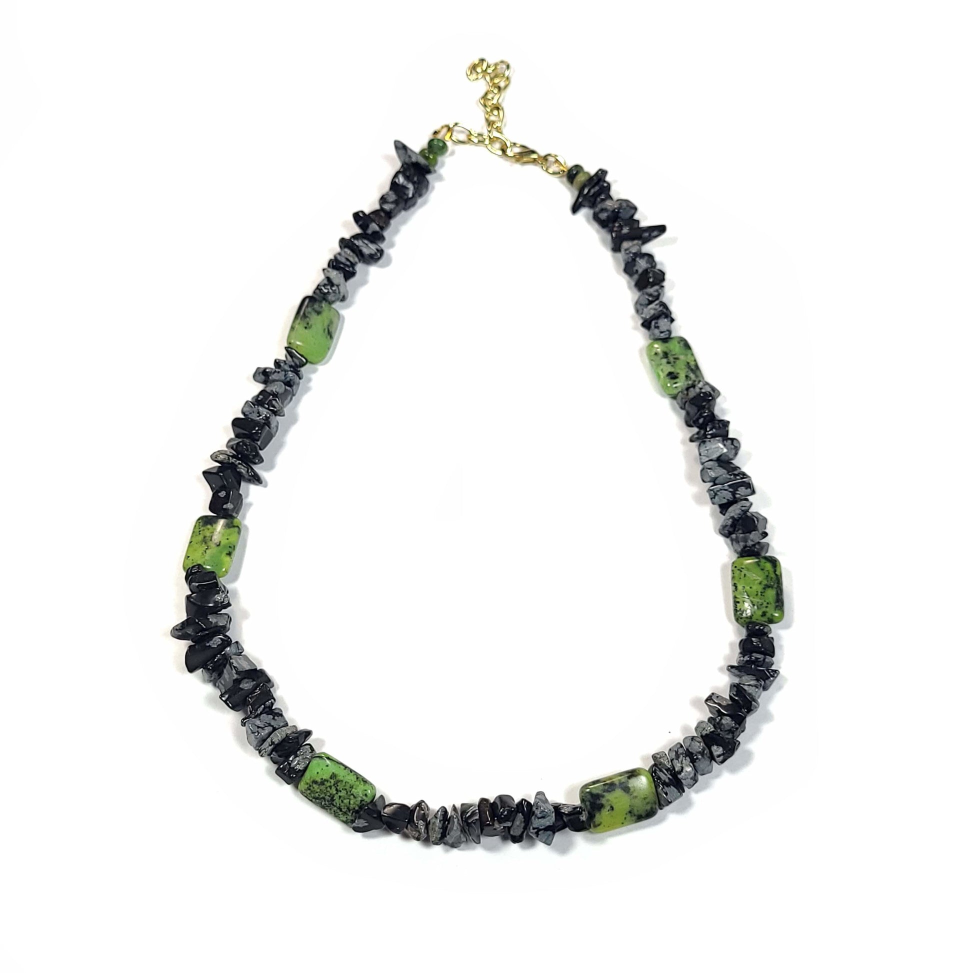 Necklace made of green Jasper rectangle pillow beads and Snowflake Obsidian chips. Silver tone extender chain .