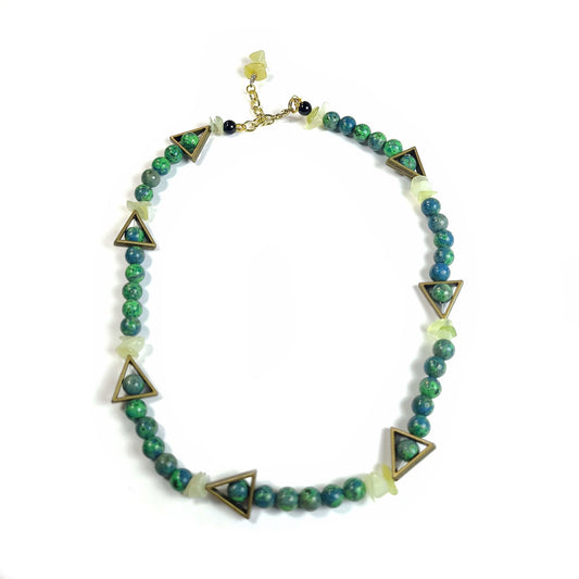 Necklace made of ocean jasper beads and jadite child with triangles, clasp has a dangle with jadite chips.