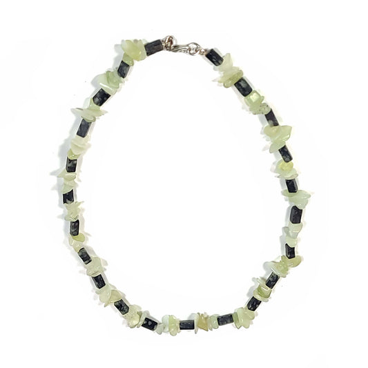 Necklace made of Green agate rectangular tube beads and jadite chips make this 18 inch handmade necklace. Ended with silver toned lobster clasp.