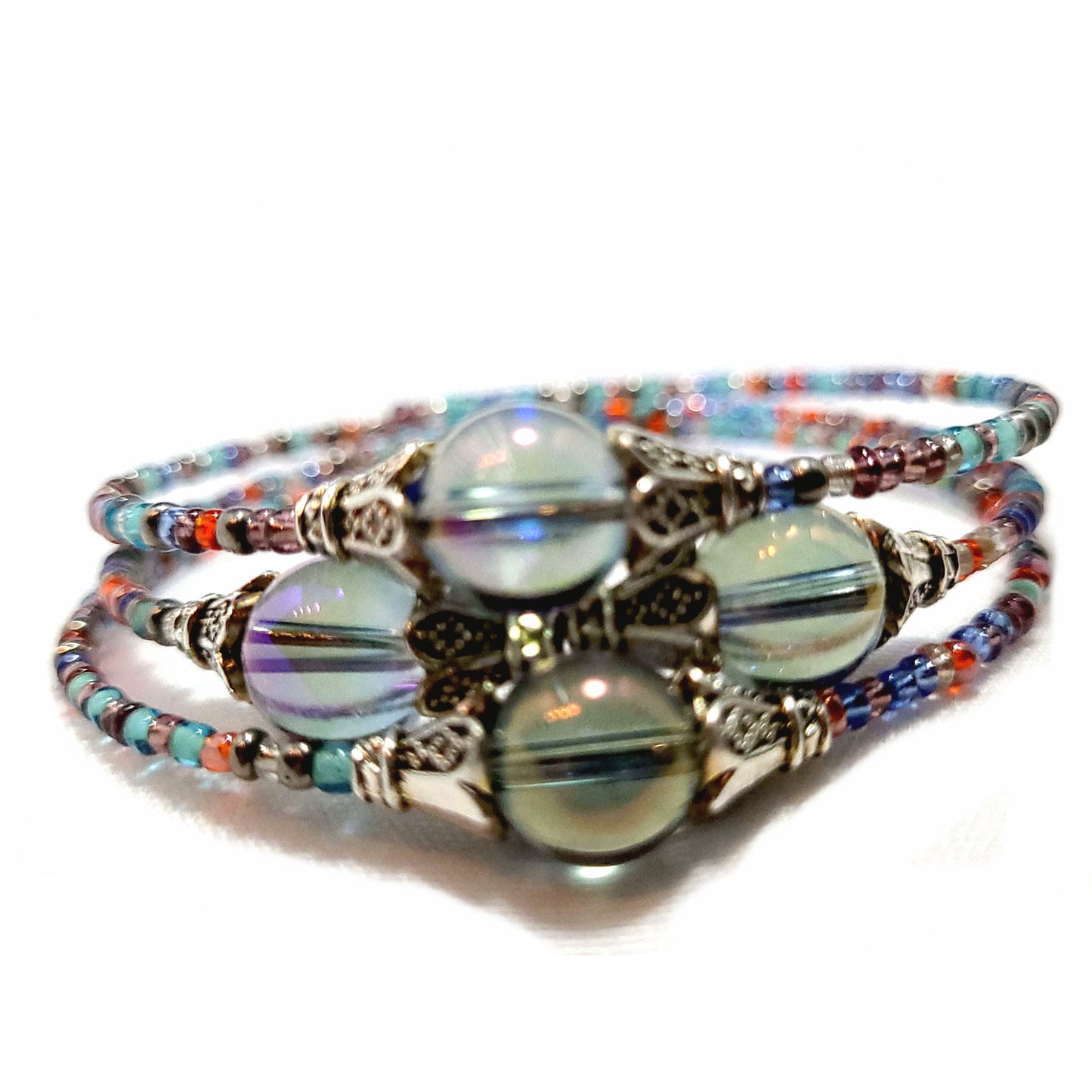 Aurora Baeds with multi-color seed beads earrings and bracelet jewelry set. bracelet only view.