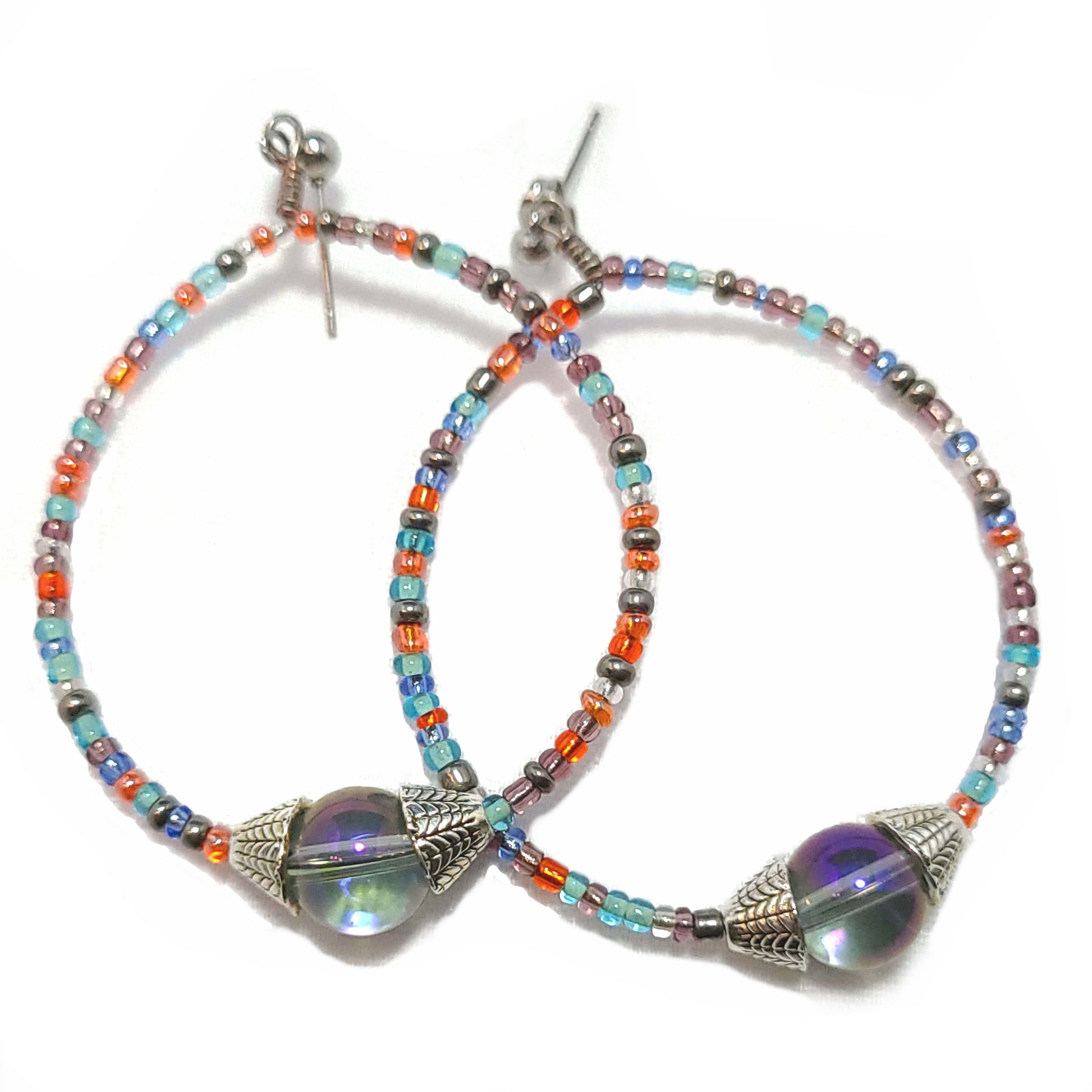 Aurora Baeds with multi-color seed beads earrings and bracelet jewelry set. earrings only view.