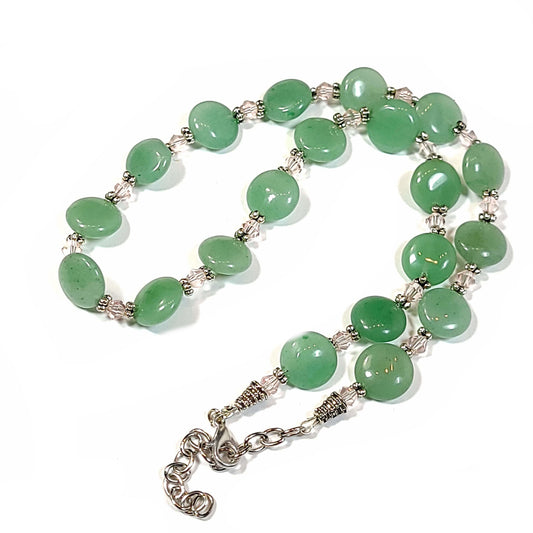 Aventurine disc beads with pale pink bicoone beads and silver tone spacers necklace.