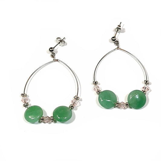 Silver color hoop earrings with two green aventurine disc beads and 3 pale pink glass bicone beads with silver color spacer beads.