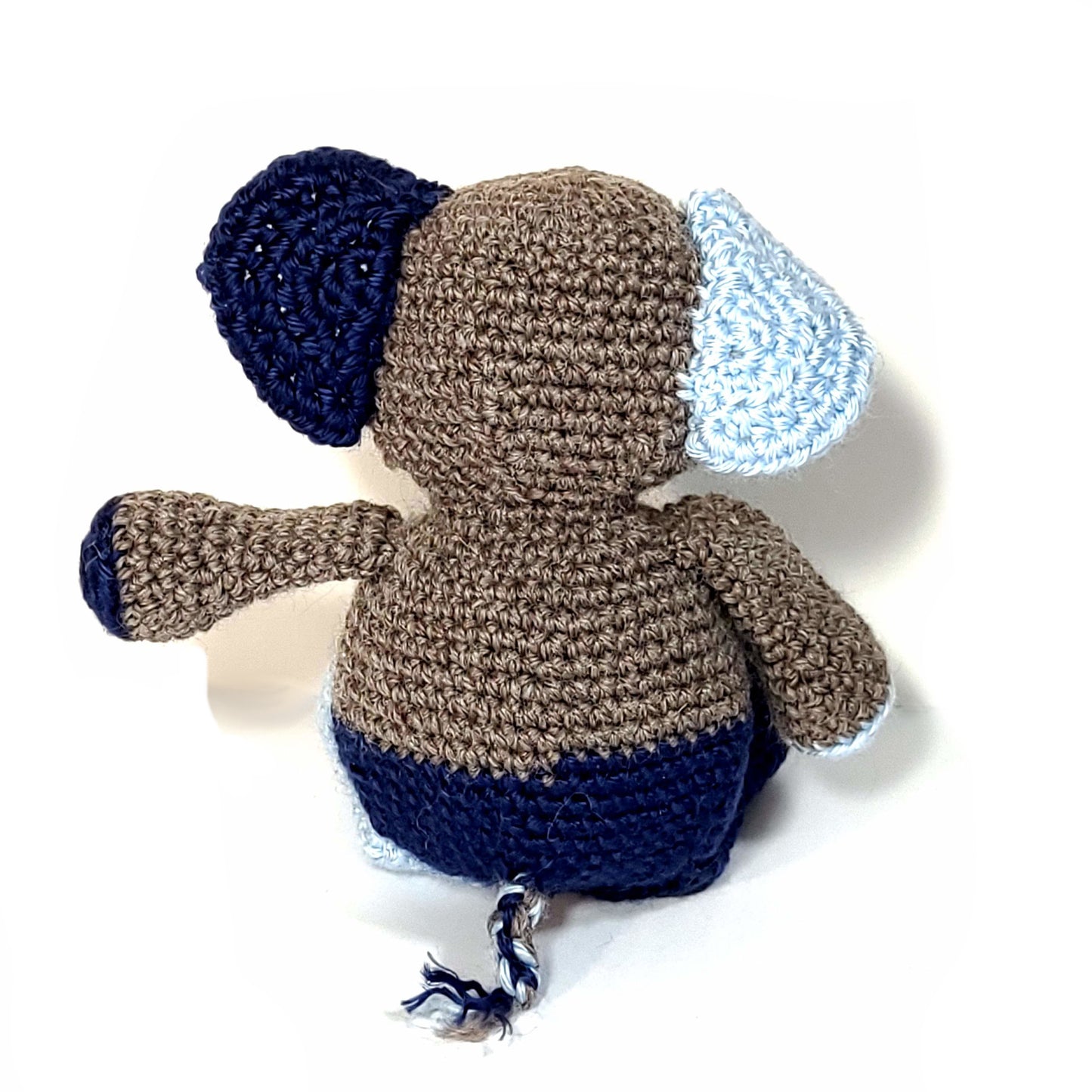 Dark blue and grey hand crocheted elephant stuffie.