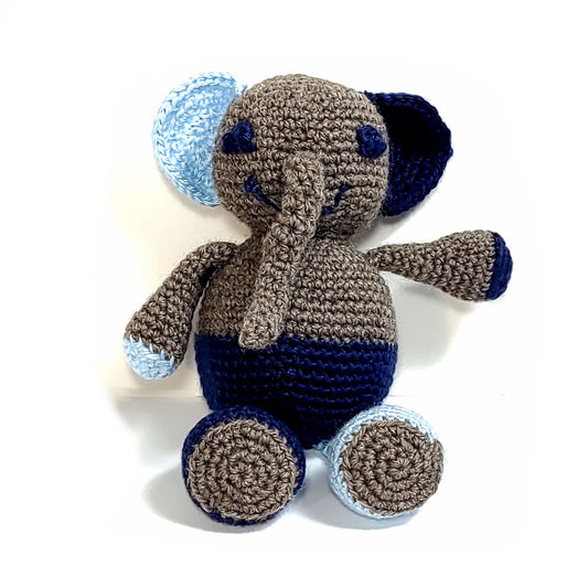 Dark blue and grey hand crocheted elephant stuffie.